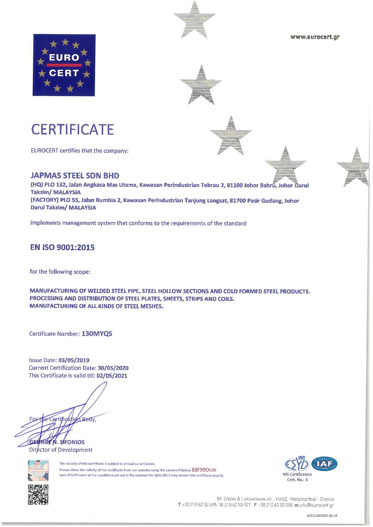 Certificate ISO 9001 JAPMAS